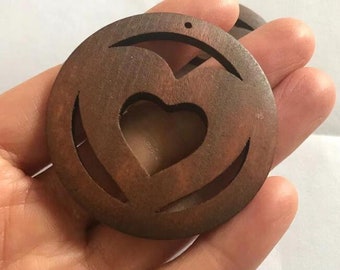 6 Pcs 50mm large natural Wood Ring wood circle wood heart (NW577)-brown