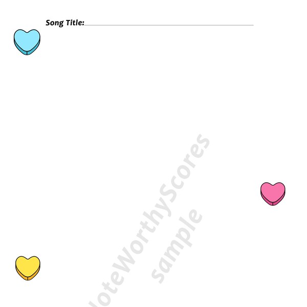 Empty A4 with colourful heart icons for Writing Song Lyrics for children