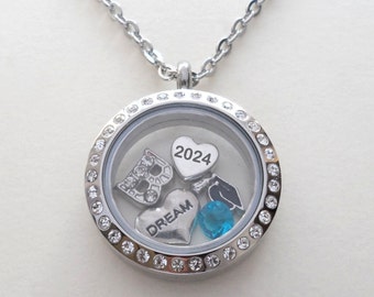 Graduation Floating Charm Locket Necklace, Medium Circle Locket, Class of 2024 Graduate Gift Necklace, Going Away, Graduate Locket