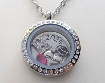 Graduation Floating Charm Locket Necklace, Medium Circle Locket, Class of 2024 Graduate Gift Necklace, Going Away, Graduate Locket