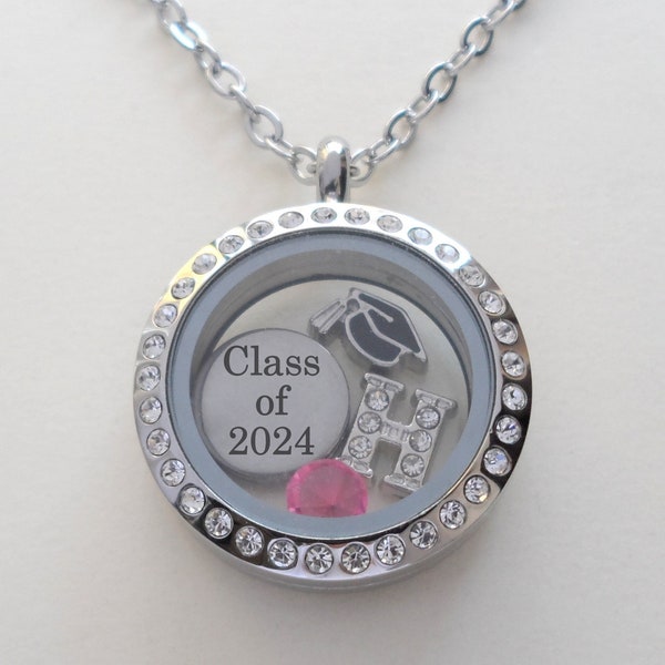 Graduation Floating Charm Locket Necklace, Medium Circle Locket, Class of 2024 Graduate Gift Necklace, Going Away, Graduate Locket