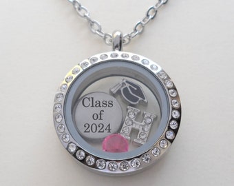 Graduation Floating Charm Locket Necklace, Medium Circle Locket, Class of 2024 Graduate Gift Necklace, Going Away, Graduate Locket