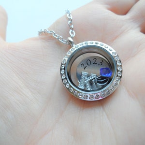 Graduation Floating Charm Locket Necklace, Medium Circle Locket, Class ...