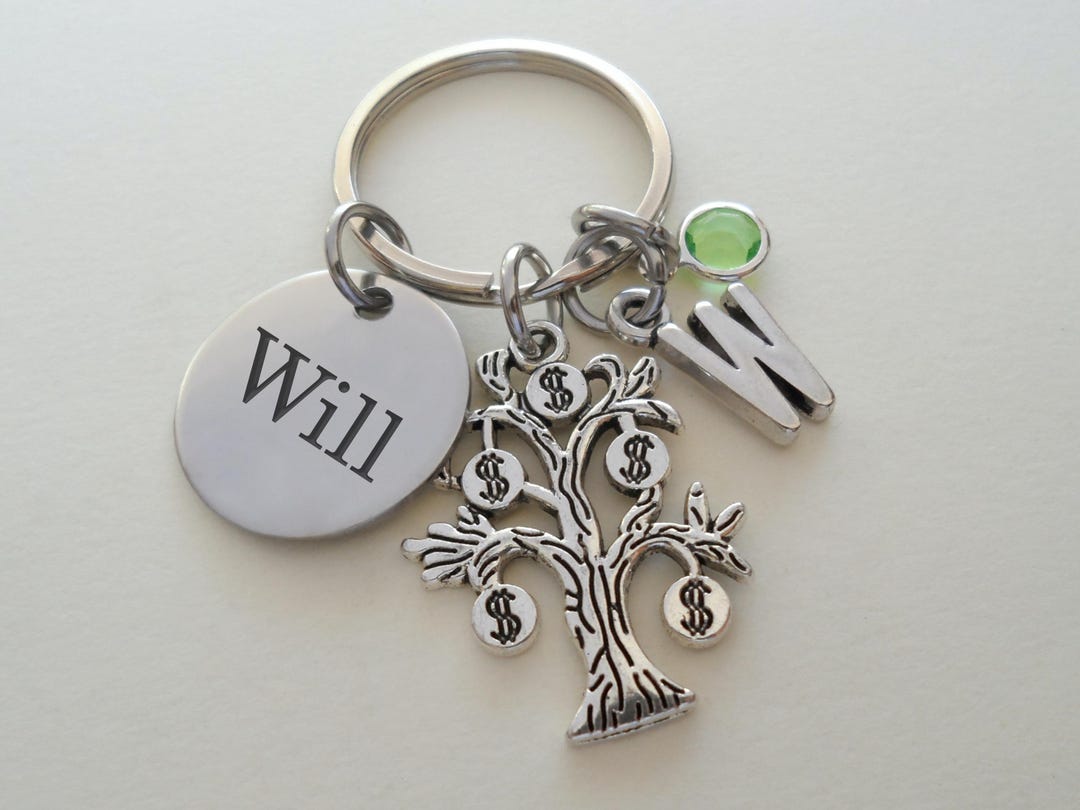 Money Tree Charm Keychain With Custom Engraved Disc, Gift for Graduate ...