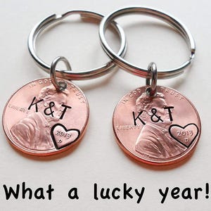 2 Personalized Penny Keychains, Anniversary Gift, Husband Wife Key Chain, Boyfriend Girlfriend Gift, Customized Couples Keychains, 7 Year