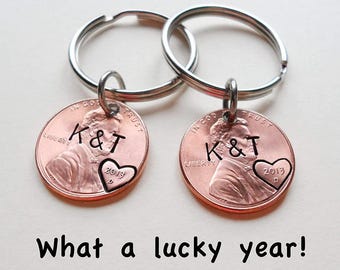 2 Personalized Penny Keychains, Anniversary Gift, Husband Wife Key Chain, Boyfriend Girlfriend Gift, Customized Couples Keychains