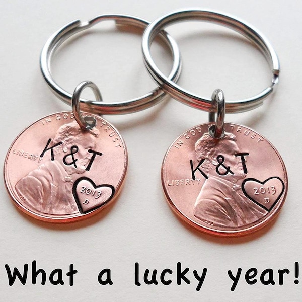 2 Personalized Penny Keychains, Anniversary Gift, Husband Wife Key Chain, Boyfriend Girlfriend Gift, Customized Couples Keychains