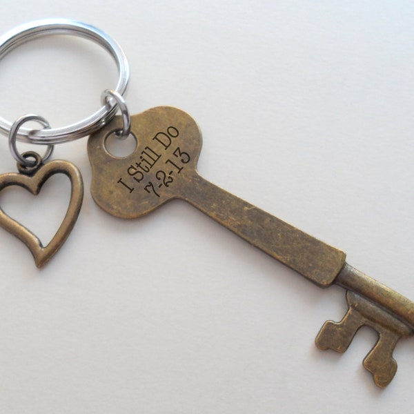 Bronze Key Charm Keychain Custom Engraved, Couples Keychains, 8th Year Anniversary Gift, Husband Wife Gift, Girlfriend Boyfriend Gift, 19th