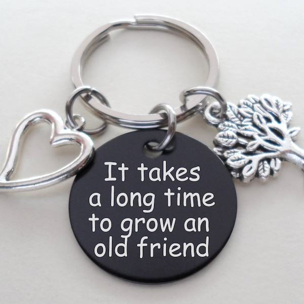 Old Friend Saying Engraved Disc Keychain with Tree and Heart Charm, Good Friend Key Ring, Best Friend Keychain, Friend Gift