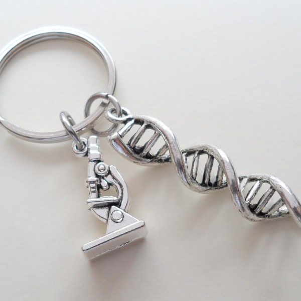 DNA Molecule Double Helix Keychain with Microscope Charm, Science Keychain, Biology Lab Technician Gift, Graduation Gift, Gift for Graduate