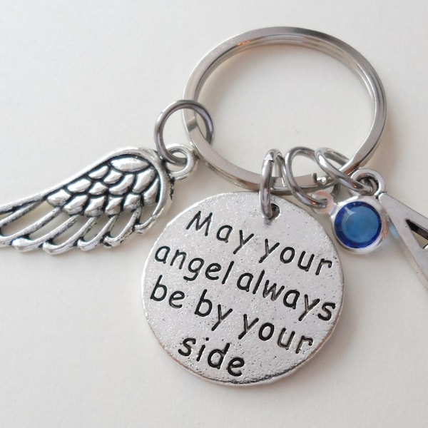 Guardian Angel Keychain, Remembrance Keychain, Memorial Keychain, Customized Keychain Gift, Wing Charm, Initial Charm, Birthstone Keychain
