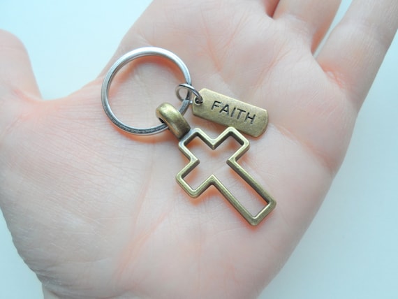 CROSS KEYCHAIN, Christian Keychain, Backpack Charms, LEATHER Key Chain,  Personalized Minimalist Religious Bag Tag Key Ring Holder Keychain 
