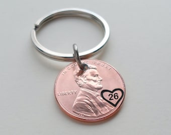 Penny Keychain with Engraved Heart and "26" for 2026 Memento, Couples Lucky Penny Anniversary Gift