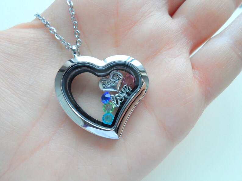 Floating Charm Heart Locket Necklace Birthstones Necklace Etsy