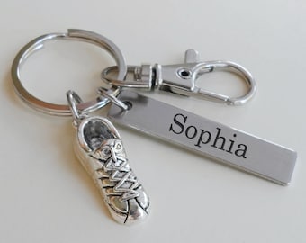 Track Shoe Keychain with Custom Engraved Tag & Clasp, Graduation Gift, Cross Country Keychain, Runner Teammate Gift, Encouragement Gift