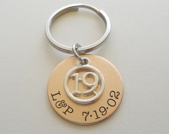 Custom Bronze Disc Anniversary Keychain, Couples Keychain, Boyfriend Gift, Gift for Husband, 19 Year Anniversary Gift Keychain, GPS