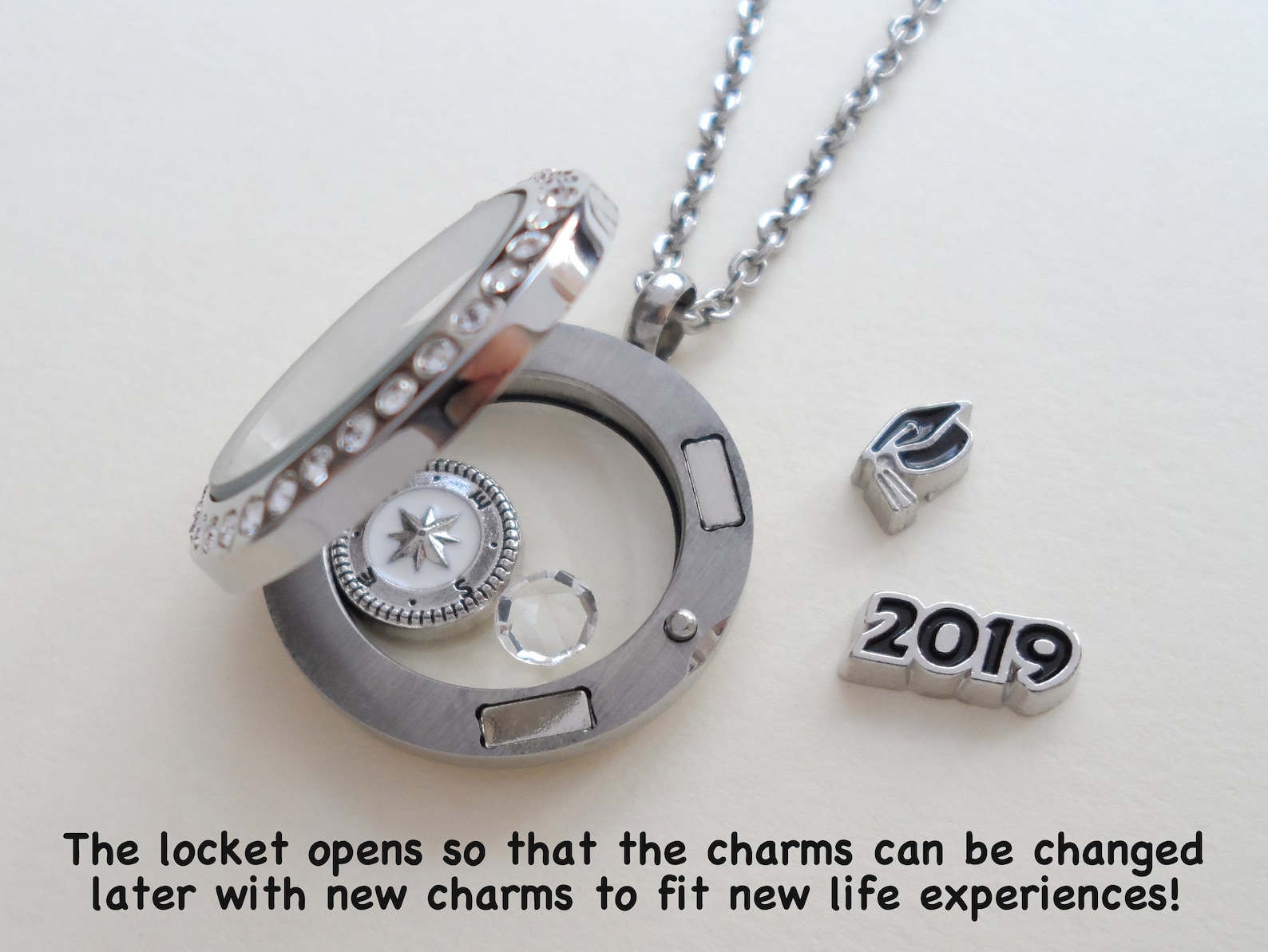 Graduation Floating Charm Locket Necklace, Medium Circle Locket, Class ...