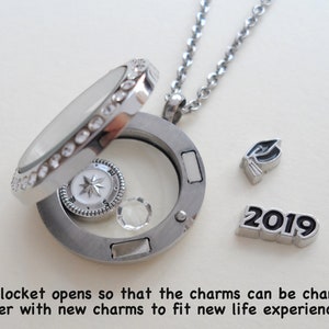 Graduation Floating Charm Locket Necklace, Medium Circle Locket, Class ...