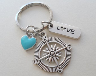 Compass Keychain with Blue Heart & Love Tag Charm, Couples Keychain, Anniversary Gift, Husband Wife Girlfriend Boyfriend Keychain