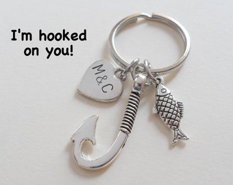 Fish Hook Keychain, Couples Keychain, Anniversary Gift for Boyfriend, Gift for Husband, Hand Stamped Key Chain, Couples Initials, Customized