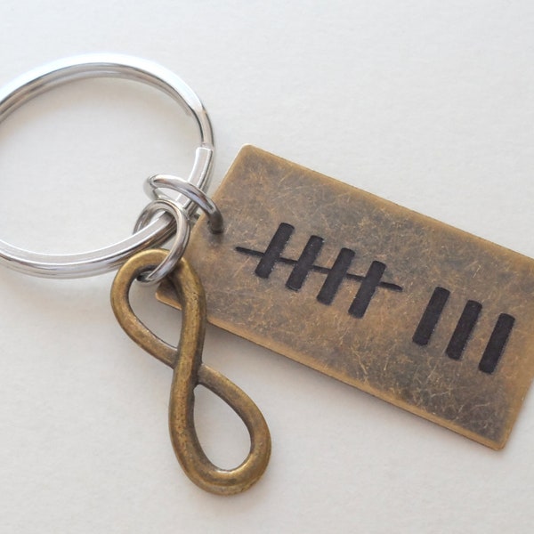 Tally Mark Bronze Tag Keychain with Infinity Charm, Couples Anniversary, Gift for Girlfriend Boyfriend 8 Year or 19 Year Anniversary