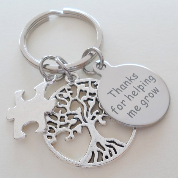 Tree & Puzzle Piece Charm Keychain with Disc, Teacher or Therapist Appreciation Gift, Thank You Gift for Employee or Office Staff