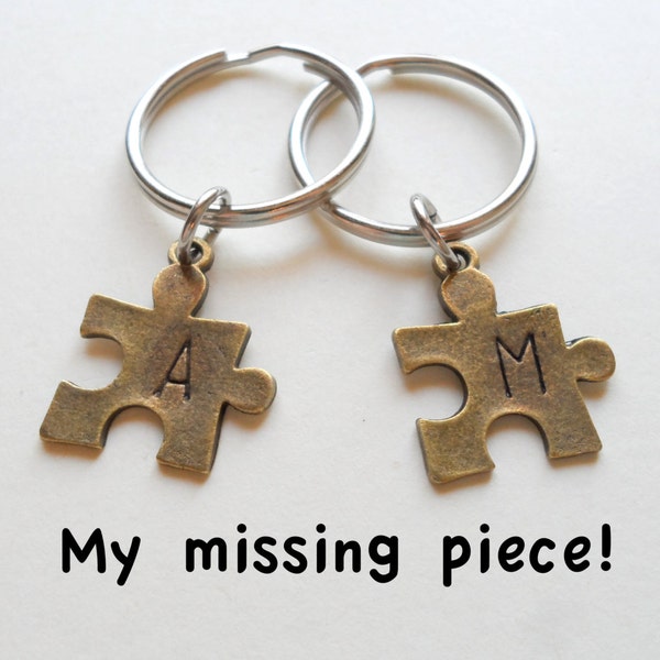 Puzzle Pieces Couples Keychains, Key Chain Set, Husband Wife Girlfriend Boyfriend Best Friends, Initials, Bronze 8 Year Anniversary Gift