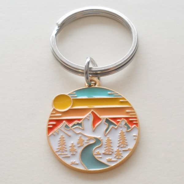 Mountain & Orange Sunset Sky Charm Keychain, Summer Camp Keychain, Camping Keychain, Camper Youth Camp Keychain Gift