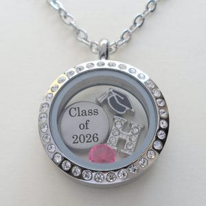 Graduation Floating Charm Locket Necklace, Medium Circle Locket, Class of 2026 Graduate Gift Necklace, Going Away, Graduate Locket