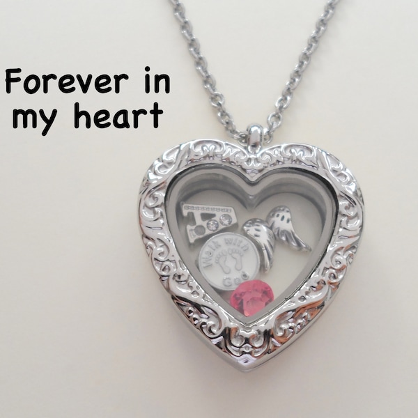 Forever in My Heart Locket Necklace, Wing Baby Infant Loss Gift Necklace, Miscarriage Stillborn Floating Locket Memorial Necklace