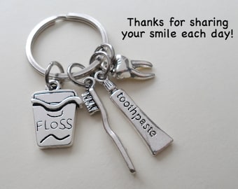 Dental Assistant Gift Keychain, Tooth, Toothbrush, & Floss Charm Keychain, Employee Gift, Coworker Gift, Work Team Gift, Thank you Gift