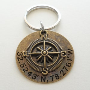 May include: A brass compass keychain with a silver key ring. The compass features a black compass rose with a black star in the center. The coordinates "32.5243° N, 78.2761° W" are engraved around the compass.
