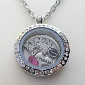 Graduation Floating Charm Locket Necklace, Medium Circle Locket, Class of 2025 Graduate Gift Necklace, Going Away, Graduate Locket