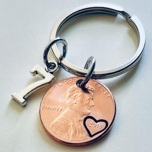 7 Year Anniversary 2018 Lucky Penny Keychain with Number 7 Charm, Couples Keychain, Husband Wife Boyfriend Girlfriend Gift