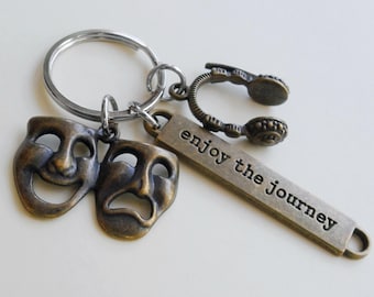 Bronze Theatre Masks Keychain with Headset & Enjoy the Journey Tag, Drama Face Mask, Graduation, Theater Stage Tech, Graduate Gift