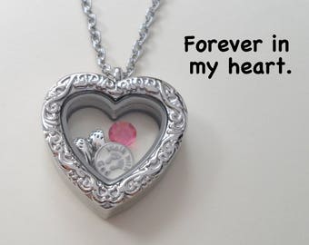 Forever in My Heart Locket Necklace, Infant Loss Gift Necklace, Miscarriage Stillborn Floating Locket Memorial Necklace, Baby Feet Wings