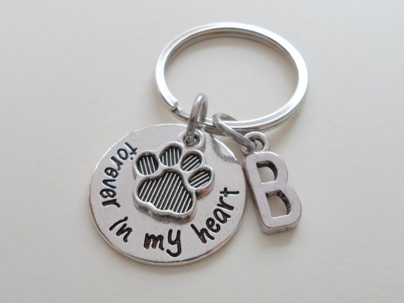 Paw Print Keychain, Remembrance Keychain, Dog Keychain, Pet Memorial Keychain, Customized Keychain Gift, Initial Charm, Forever in My Heart image 2