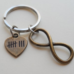Tally Mark Bronze Infinity Symbol Keychain, Couples Anniversary, Gift for Girlfriend Boyfriend, Key Chain 8 Year or 19 Year Anniversary Gift