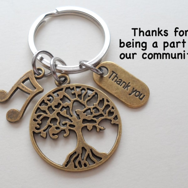 Musician Appreciation Gift Keychain, Bronze Tree & Music Notes Charm Keychain, Musician Staff Gift, Community Group Thank you Gift