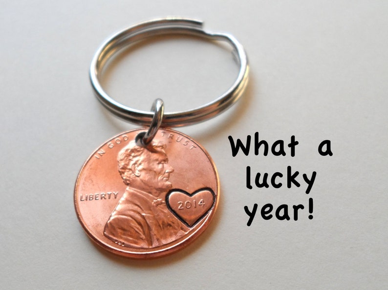 Personalized Penny Keychain, Couples Keychain, Lucky Penny, Anniversary Gift, Husband Wife Key Chain, Boyfriend Girlfriend Gift, Customized image 1