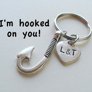 Fish Hook Keychain, Couples Keychain, Anniversary Gift for Boyfriend, Gift for Husband, Hand Stamped Key Chain, Couples Initials, Customized