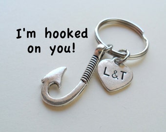 Fish Hook Keychain with Hand Stamped Initials Tag, Couples Customized Anniversary Gift for Boyfriend, Girlfriend, Husband, Wife