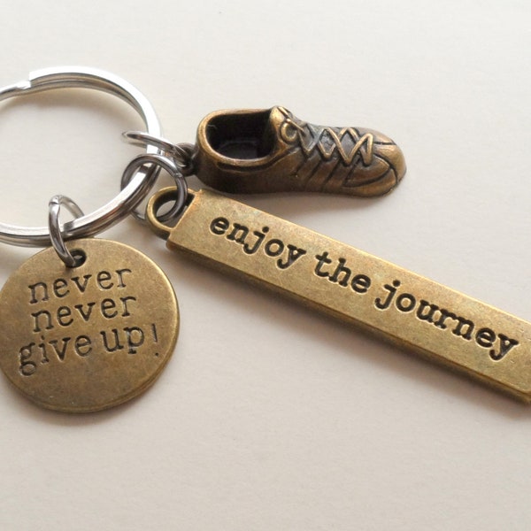 Track Keychain, Graduation Gift, Cross Country Keychain, Runner Teammate, Bronze Never Give Up, Enjoy the Journey & Running Shoe Charm