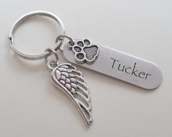 Paw Print Keychain, Remembrance Keychain with Wing, Dog Name Keychain, Pet Memorial Keychain, Custom Engraved Name, Customized Keychain Gift