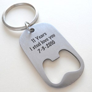 Bottle Opener Keychain, Couples Anniversary, Gift for Girlfriend Boyfriend, Husband Wife, Stainless Steel Key Chain, 11 Years, Customized