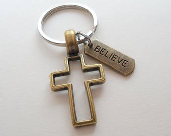 Bronze Cross Keychain, Religious Keychain, Christian Keychain, Belief Keychain, Faith Keychain, Memorial Keychain, Add Letter Charm