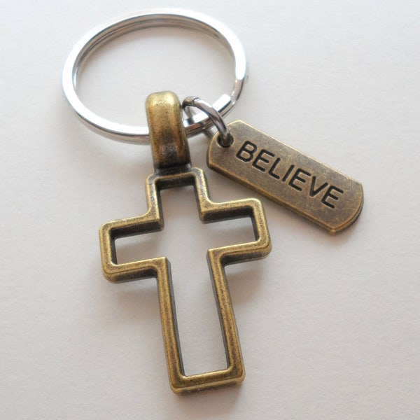 Bronze Cross Keychain, Religious Keychain, Christian Keychain, Belief Keychain, Faith Keychain, Memorial Keychain, Add Letter Charm