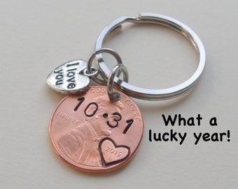 Anniversary Penny Keychain, Personalized Keychain, Lucky Penny Keychain, Date Key Chain, Husband Gift, Couples Keychain, Boyfriend Gift