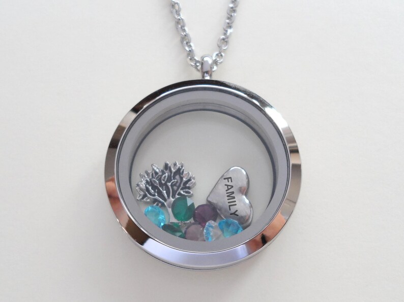 Floating Charm Locket Necklace, Birthstones Necklace, Mothers Necklace, Grandma Necklace, Memorial Gift, Personalized Steel Necklace Gift Large Plain Circle