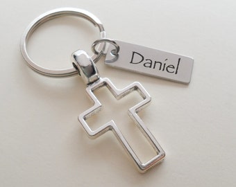 Cross Charm Keychain with Custom Engraved Tag, Religious Keychain, Christian Keychain, Belief Keychain, Faith, Believe Keychain